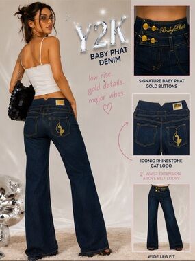 Baby Phat Dark Indigo Wide Leg Jeans with Gold Details